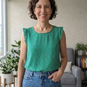 Adrianna Papell Green Floral Ruffle Cap Sleeve Blouse Top | Ditsy Boho Chic